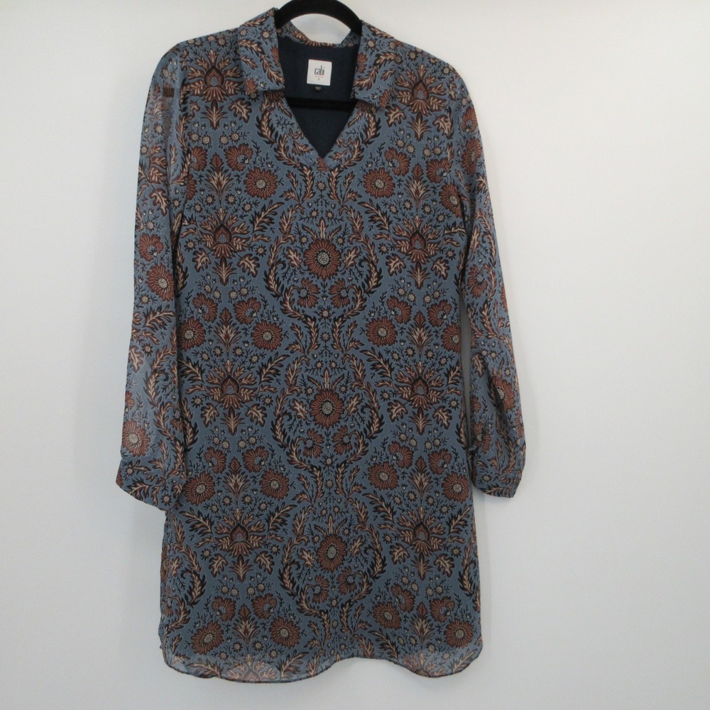 Cabi 3295 Blue Rust Floral Damask Chiffon V-Neck Shirt Dress Womens Small